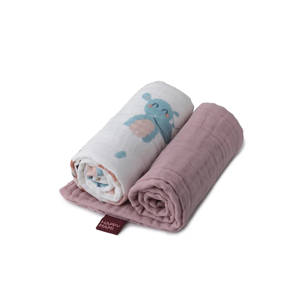 Muselina bebé de algodón 100% pack 2 Rosa Pastel + Happyanimals - Happymami