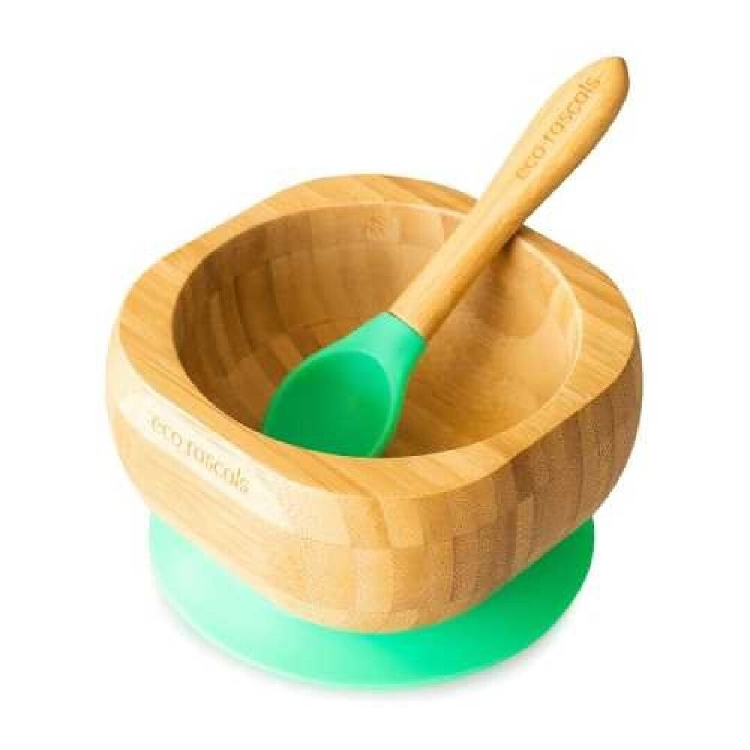 Bol de bambú con ventosa + cuchara Verde - Eco Rascals